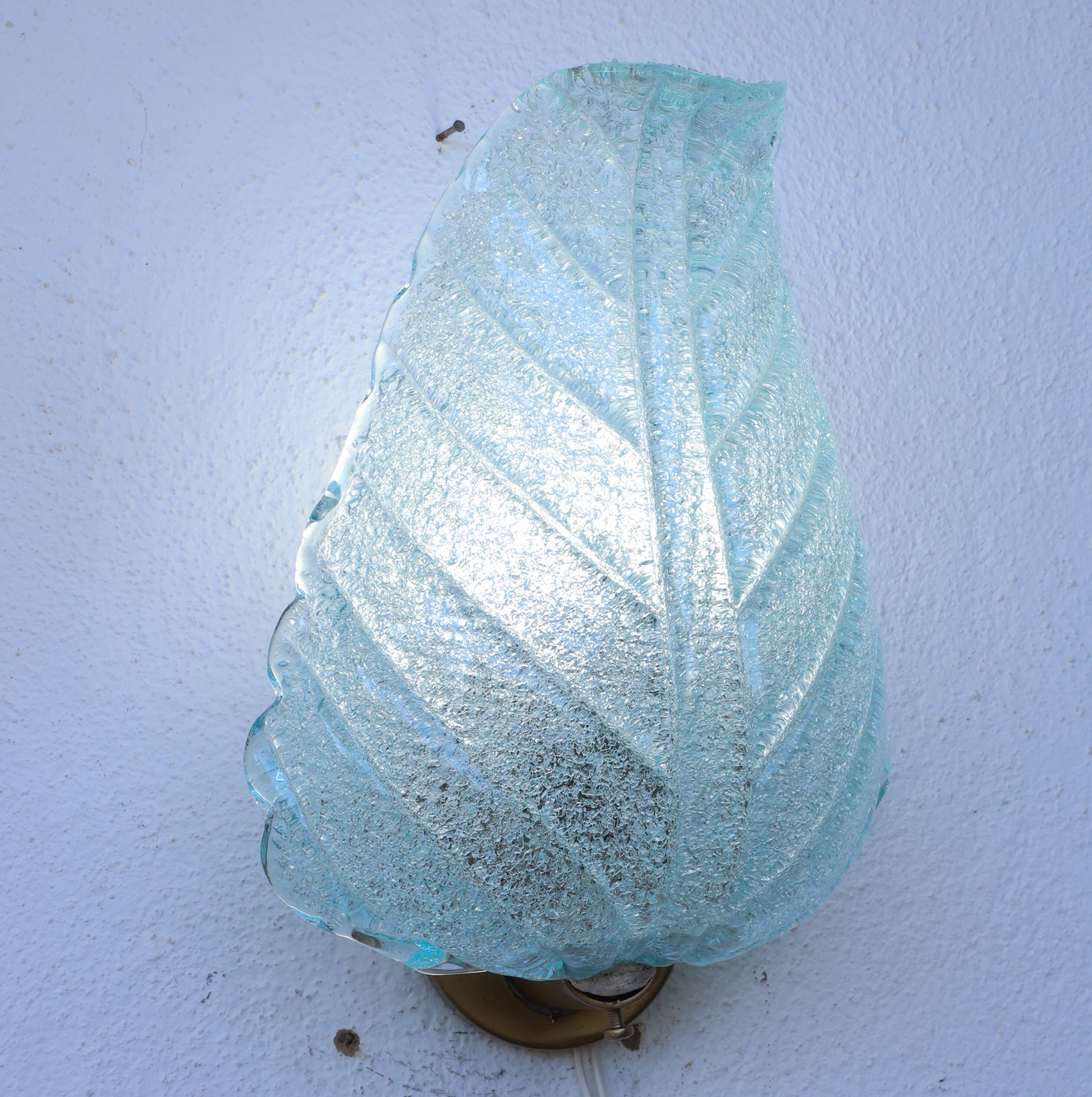 Set of 2 Wall Light Blu colour Murano Glass Leave by Barovier e Toso, 1950s