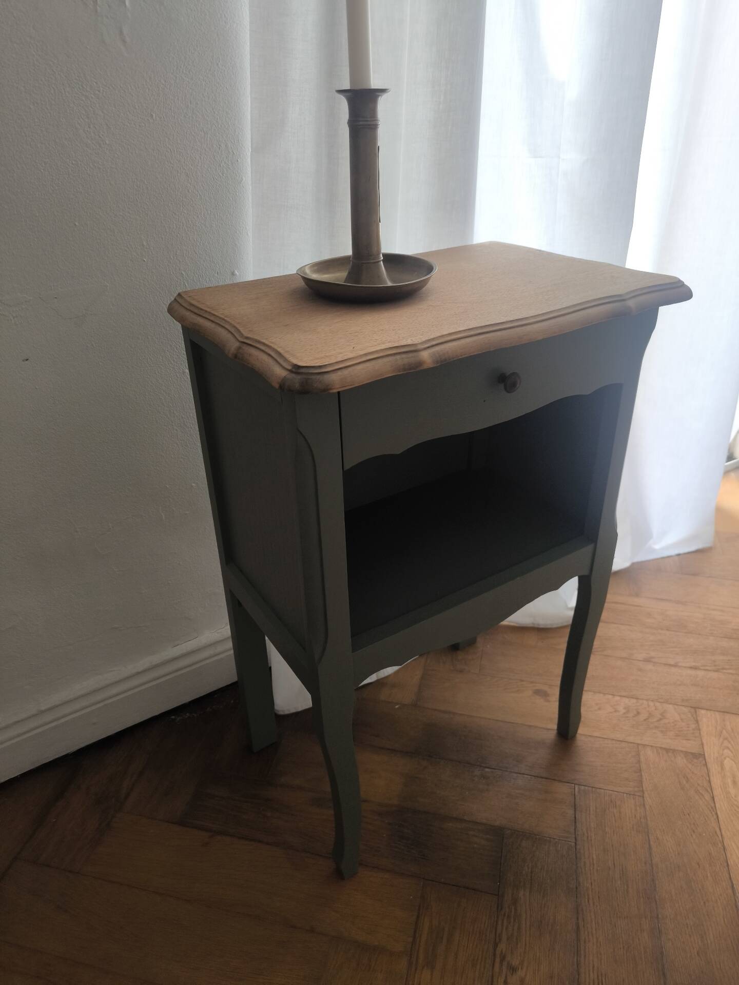 Louis XV bedside table revamped in solid oak and sage green/grey green.