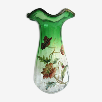 Vase verre vert dégradé, col ondulé, émaillé Legras de pavots polychromes