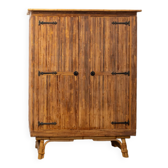 Armoire vintage en bambou et rotin refendu par audoux & minnet, 1960