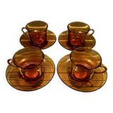 Set of 4 large amber glass cups and saucers