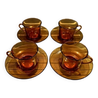 Set of 4 large amber glass cups and saucers