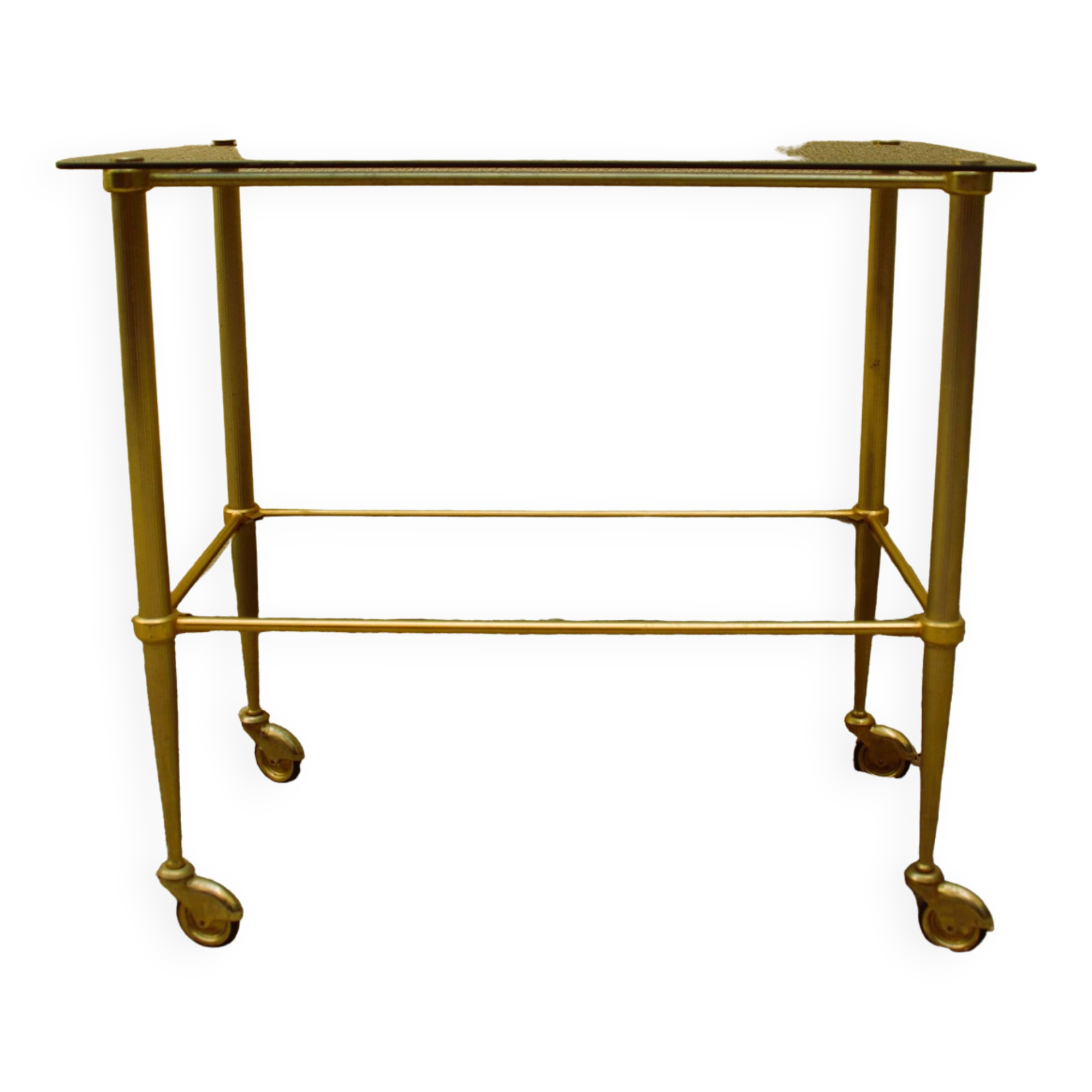 Antique brass serving trolley with smoked glass top, Louis XVI style.