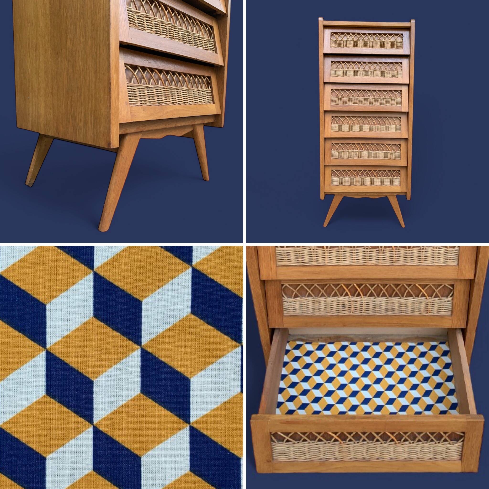 Vintage rattan chiffonier with compass feet 1950