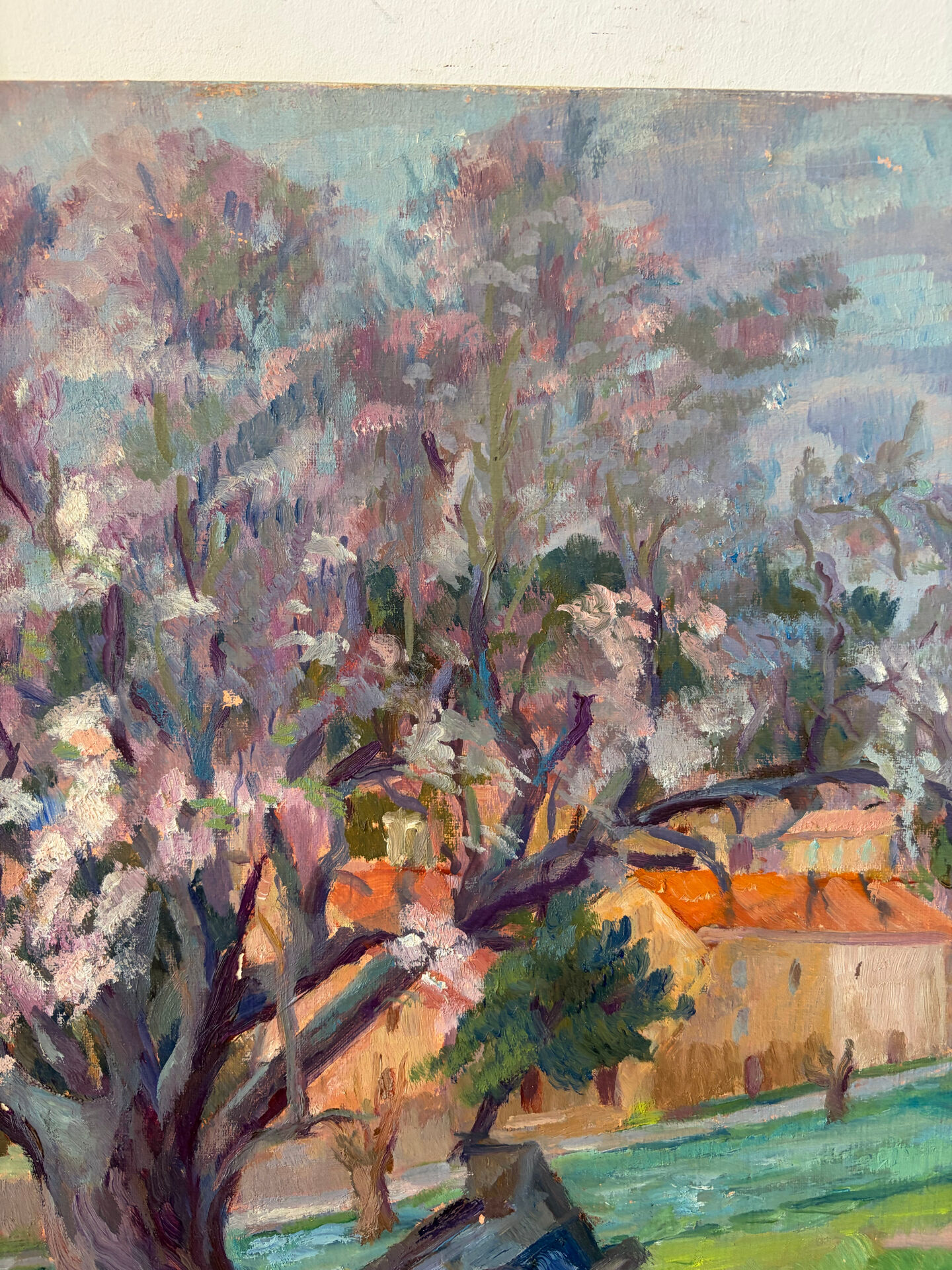 Under the cherry tree in bloom, oil on canvas signed Lacas.