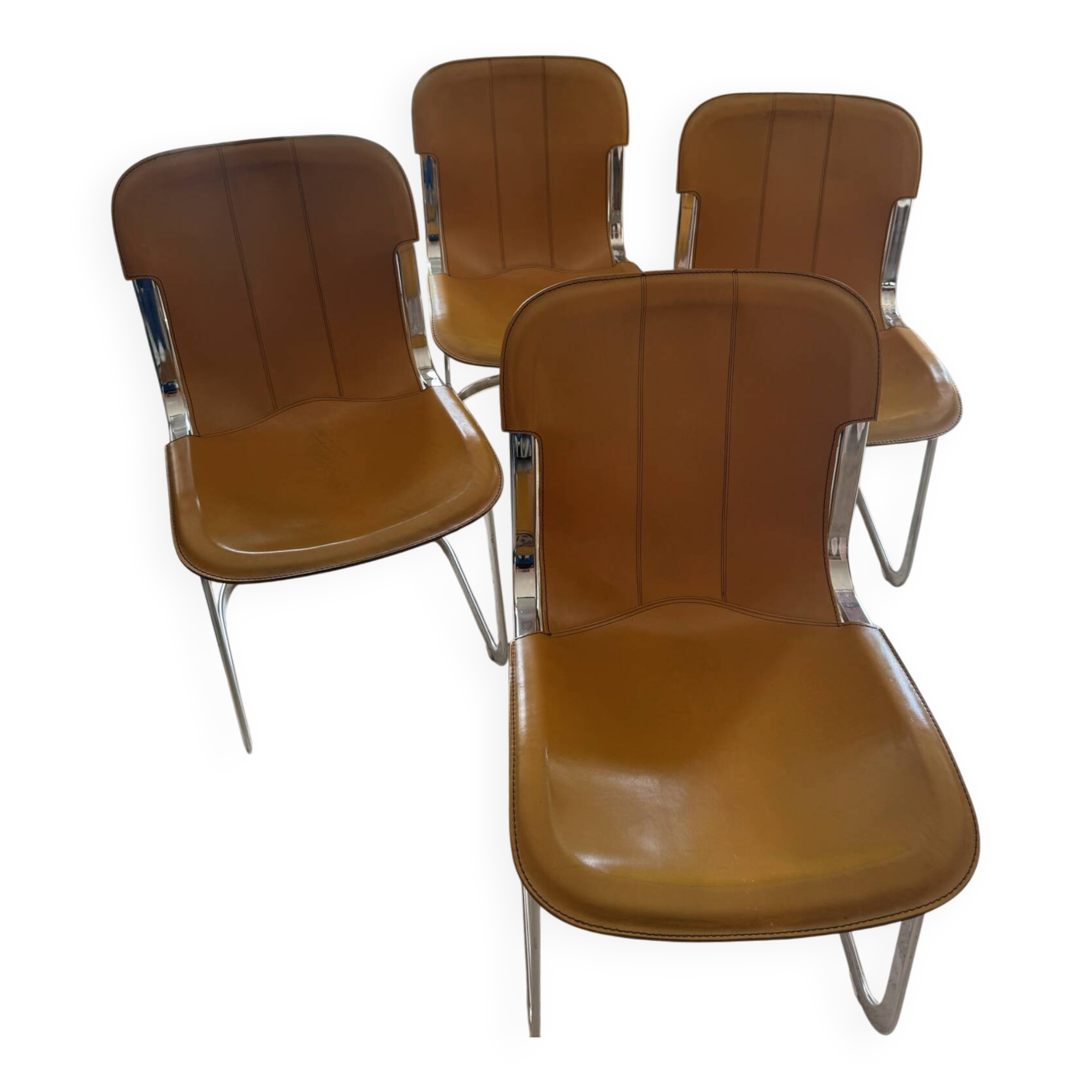 4 chaises chrome et cuir willy rizzo pour cidue , cuir fauve