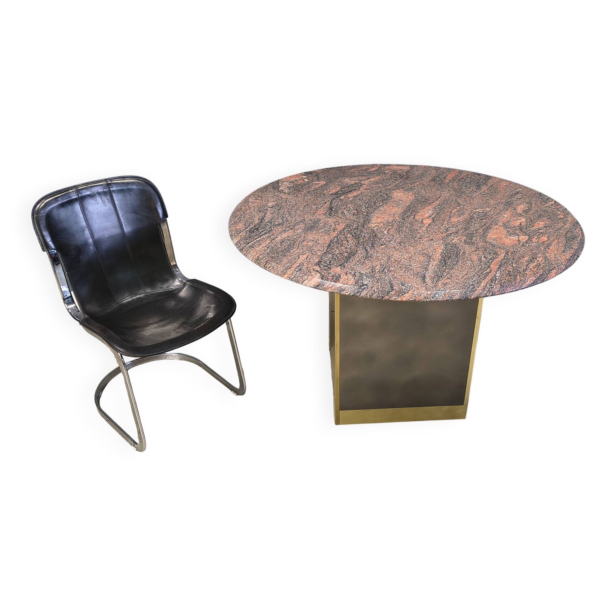 Vintage round granite and brass center table by Belgochrom , 1970s