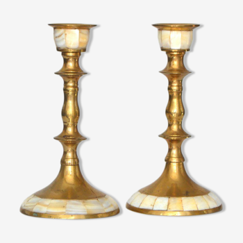Pair of brass and mother-of-pearl candle holders