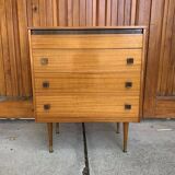Mid-century brown teak chest of drawers with three drawers, tapered legs from the 1960s.