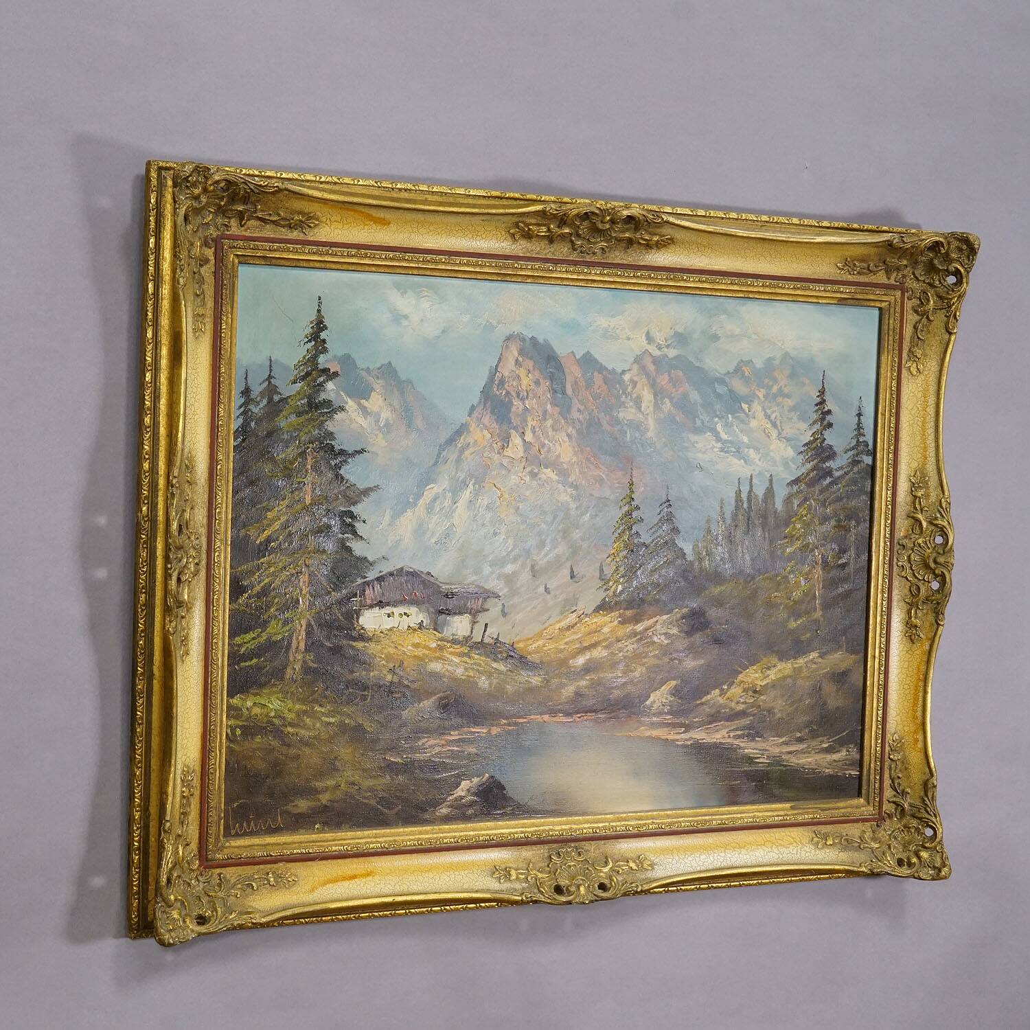 Alpine landscape oil painting with Tyrolean mountain hut