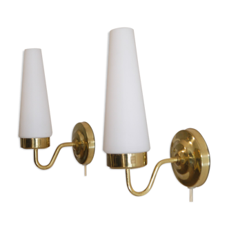 Pair of brass and opaline sconces, Denmark 1960