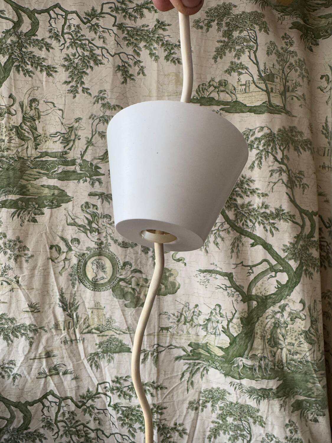 Vintage Scandinavian teak and holophane glass pendant light. 50s/60s