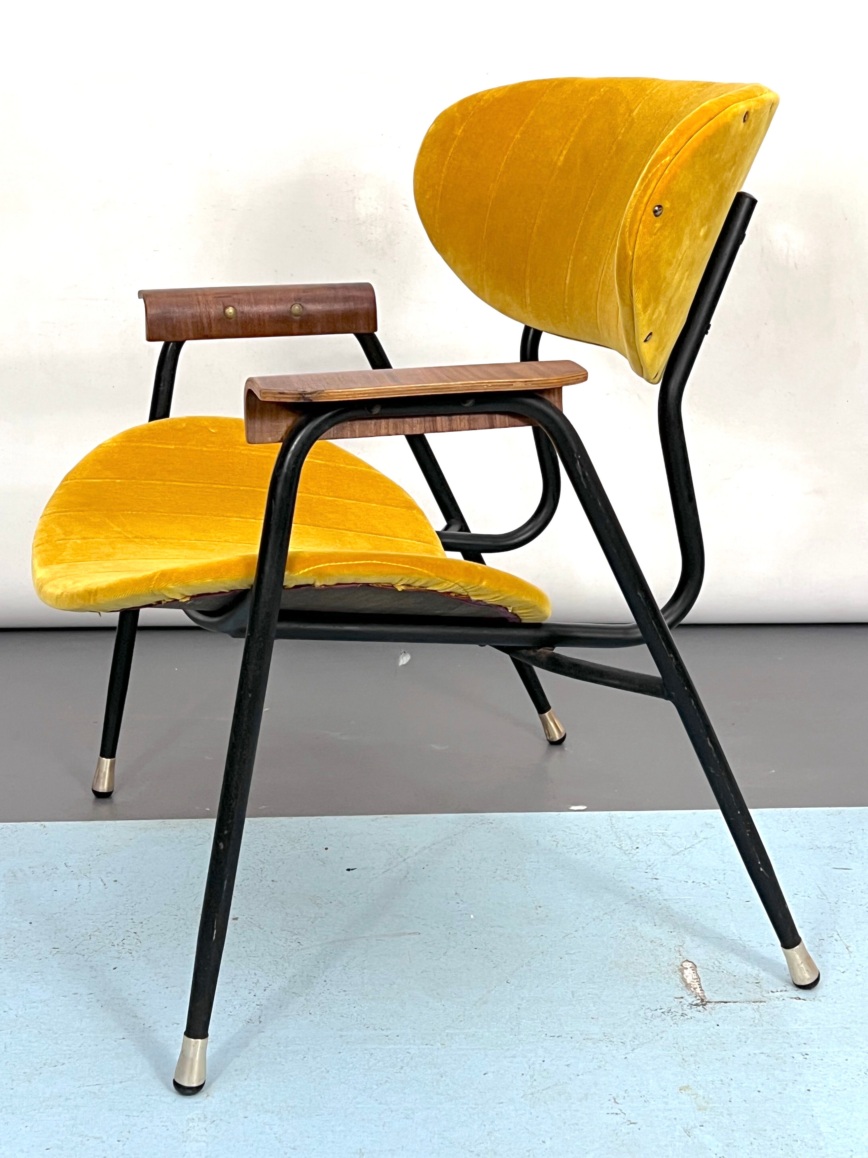 Vintage yellow velvet chair by Gastone Rinaldi for Rima. Italy 1950s