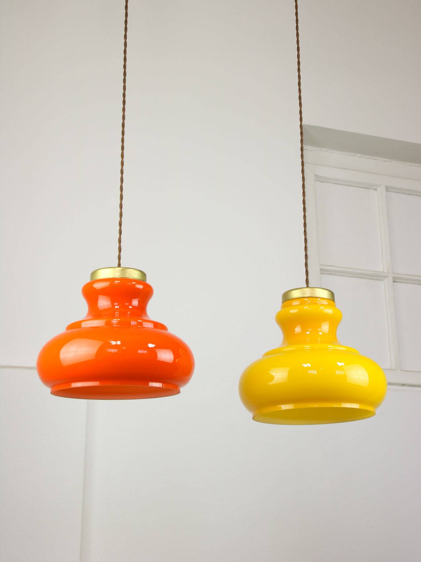 Mid-century italian glass & brass pendant lamps, set of 2