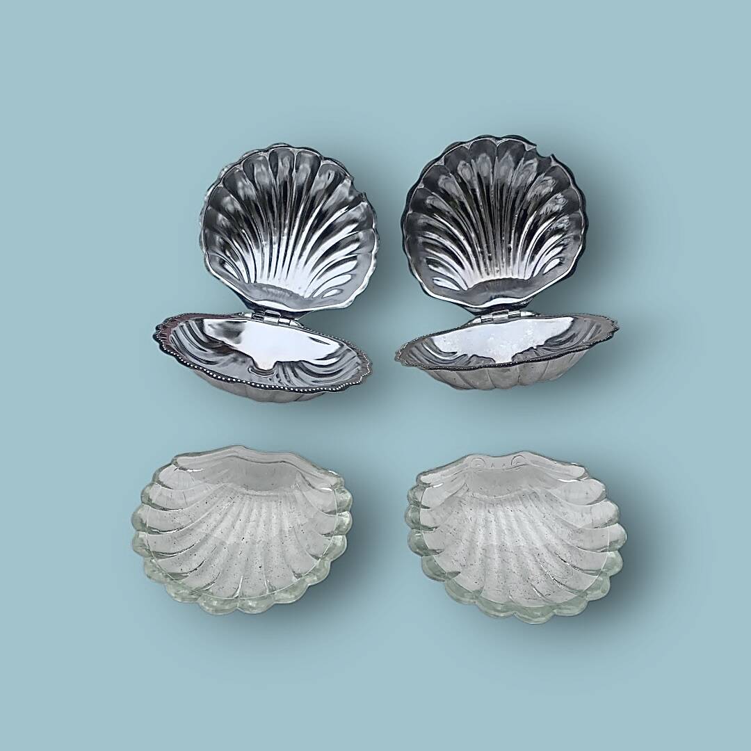 Pair of vintage shell-shaped butter dishes – stainless steel and glass