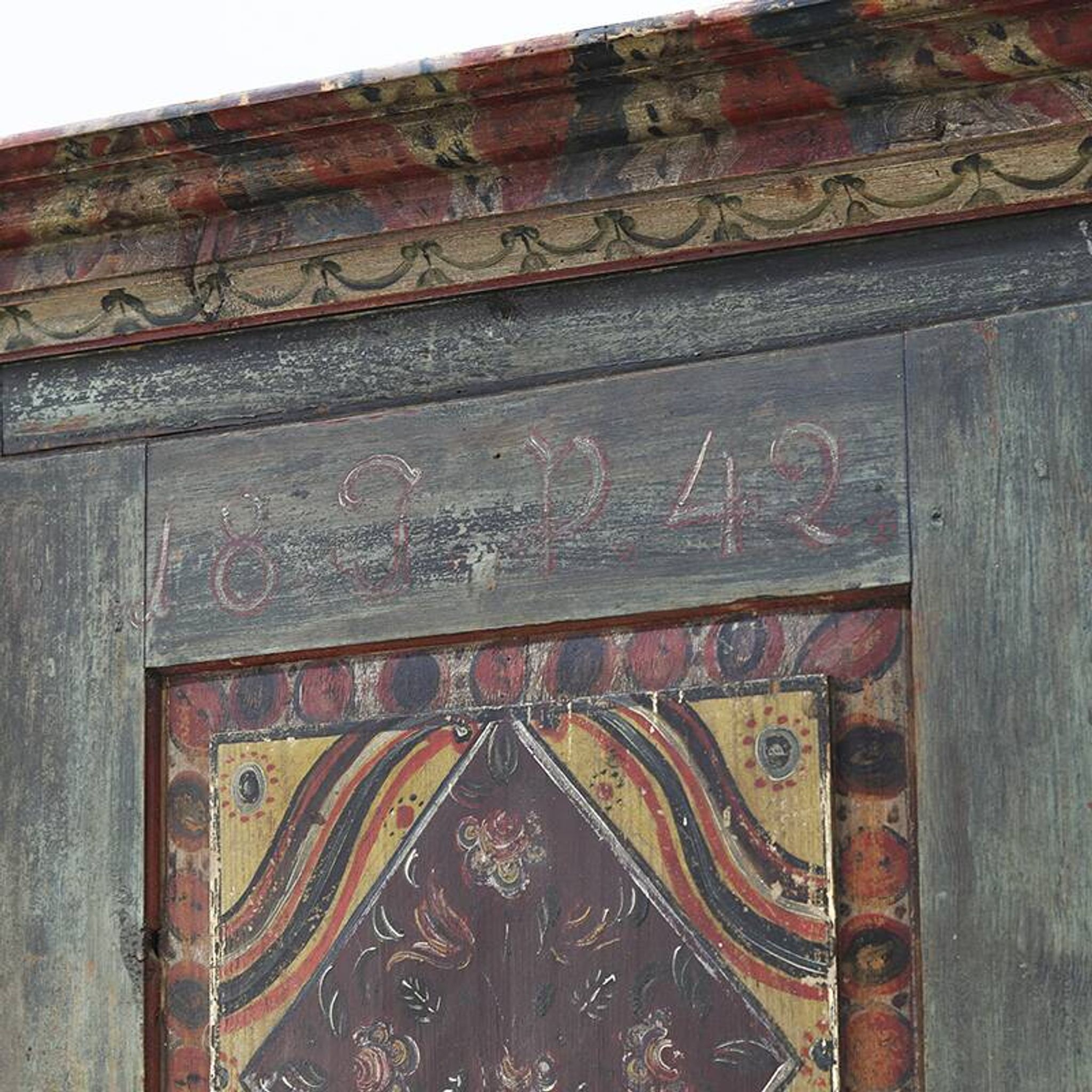 Antique Rustic Farmhouse Folk Art Painted Bridal Cabinet 1842