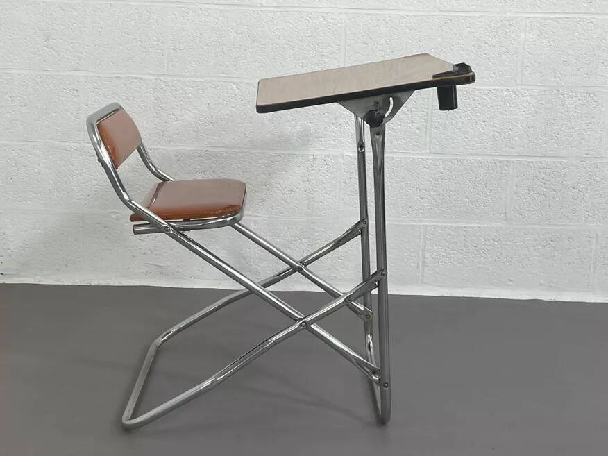 Vintage folding school desk with faux leather seat