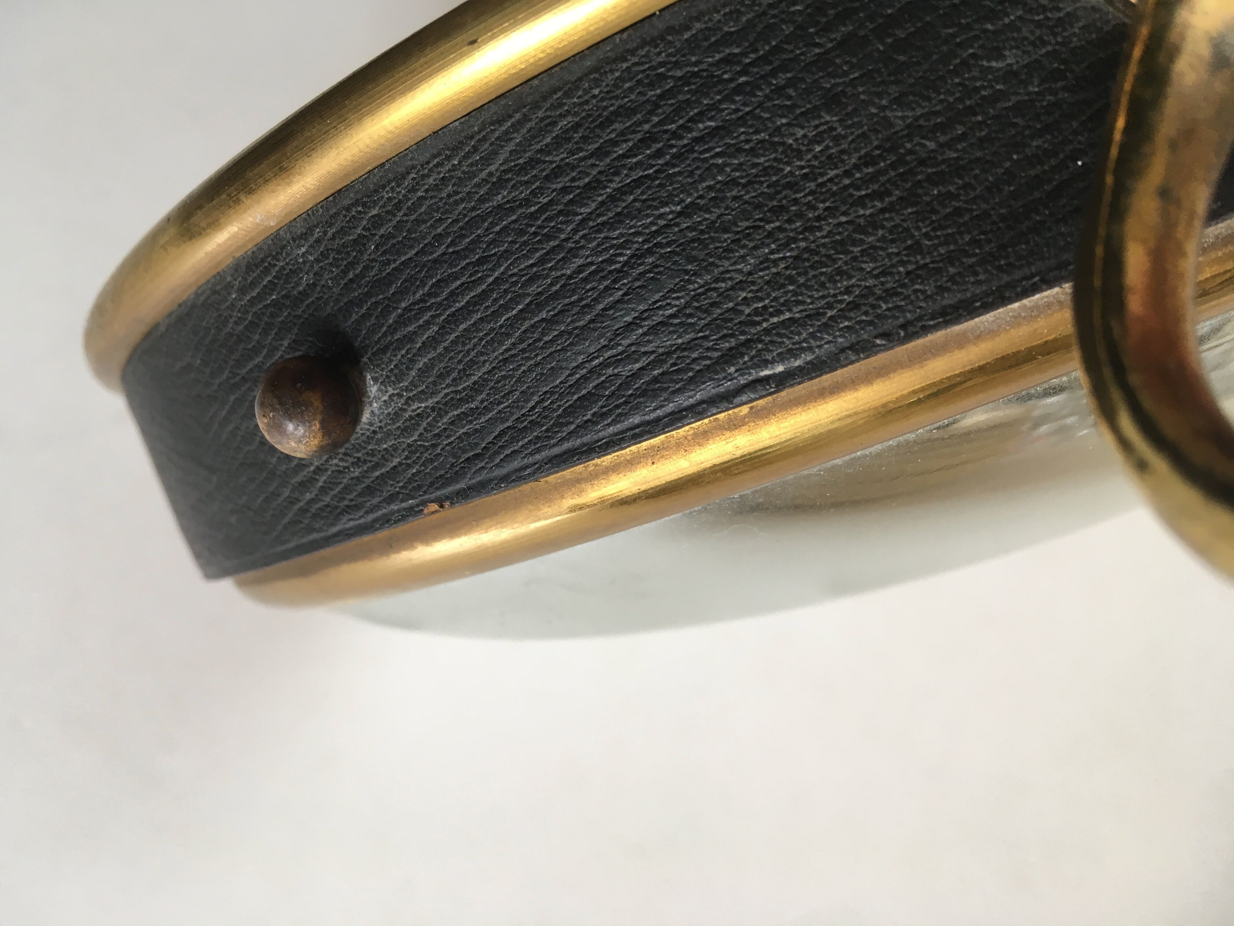 Leather and brass bulging witch mirror 1970 21cm