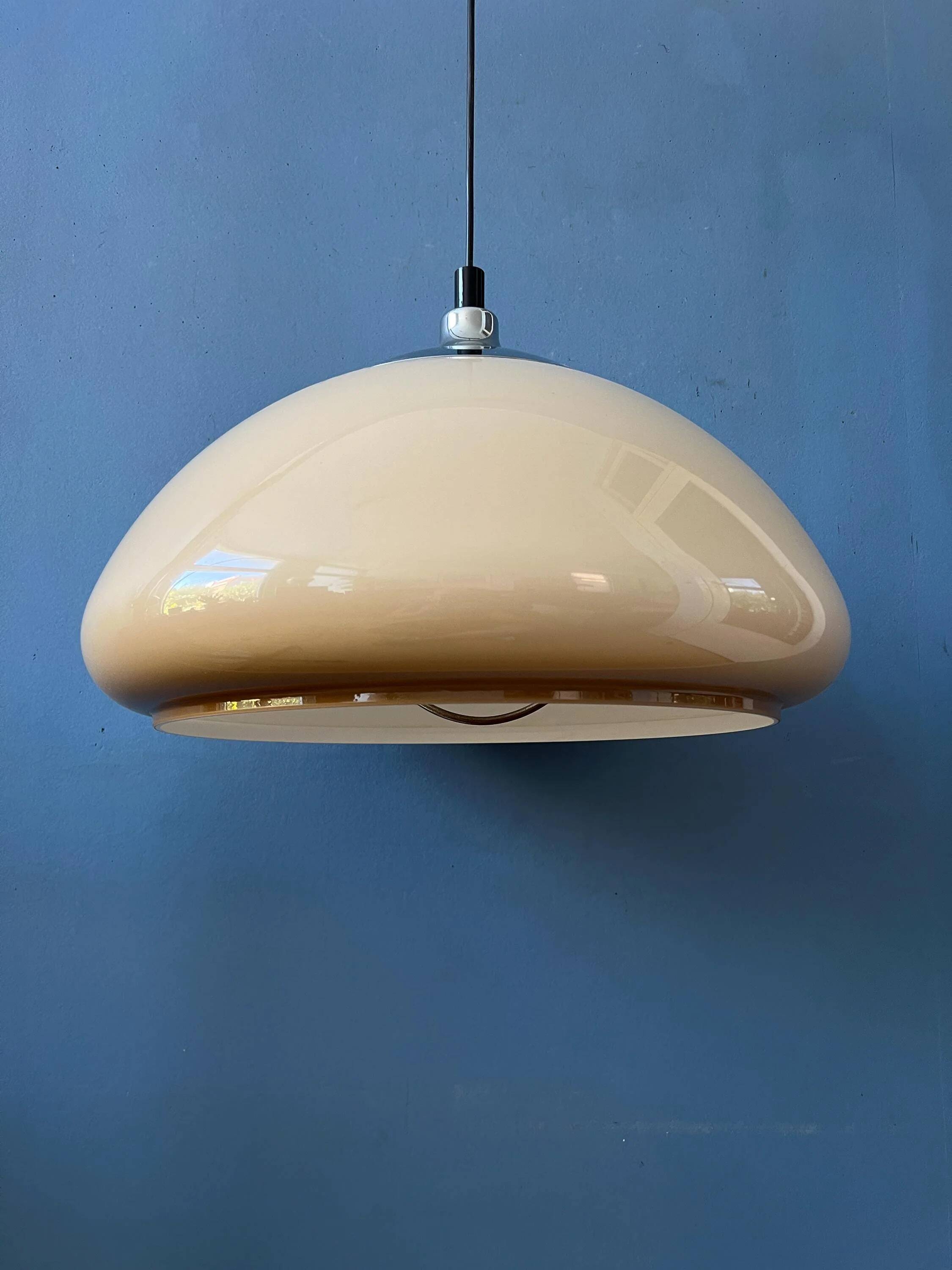 Beige acrylic glass mushroom pendant with a chrome top cap.