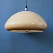 Beige acrylic glass mushroom pendant with a chrome top cap.