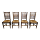 Ensemble de 4 chaises de salle à manger en chêne, rustiques, de ferme, à dossier en échelle avec sièges en jonc, années 1960
