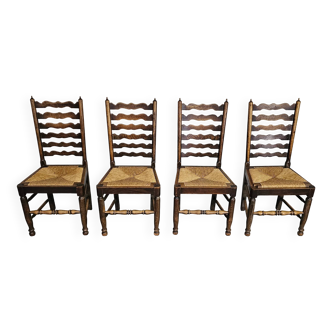 Set of 4 oak, rustic, farmhouse, ladderback dining chairs with rush seats 1960s