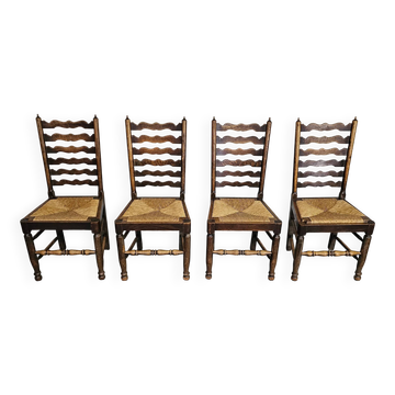 Set of 4 oak, rustic, farmhouse, ladderback dining chairs with rush seats 1960s