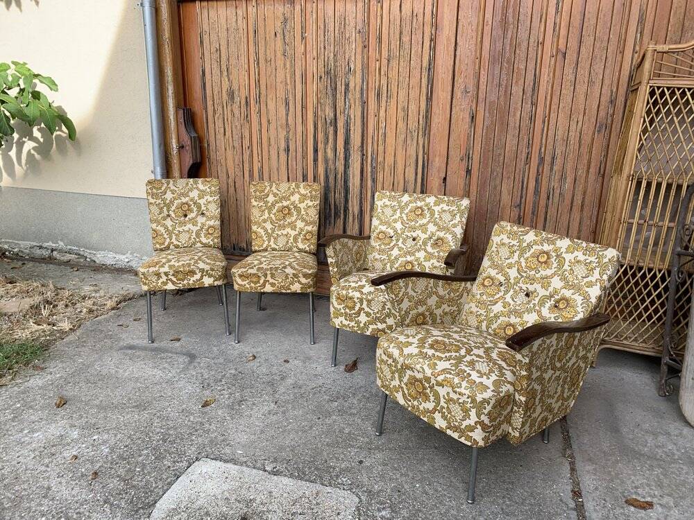 Set of 4 Bauhaus brown club armchairs in chrome steel and wood, 1940s.