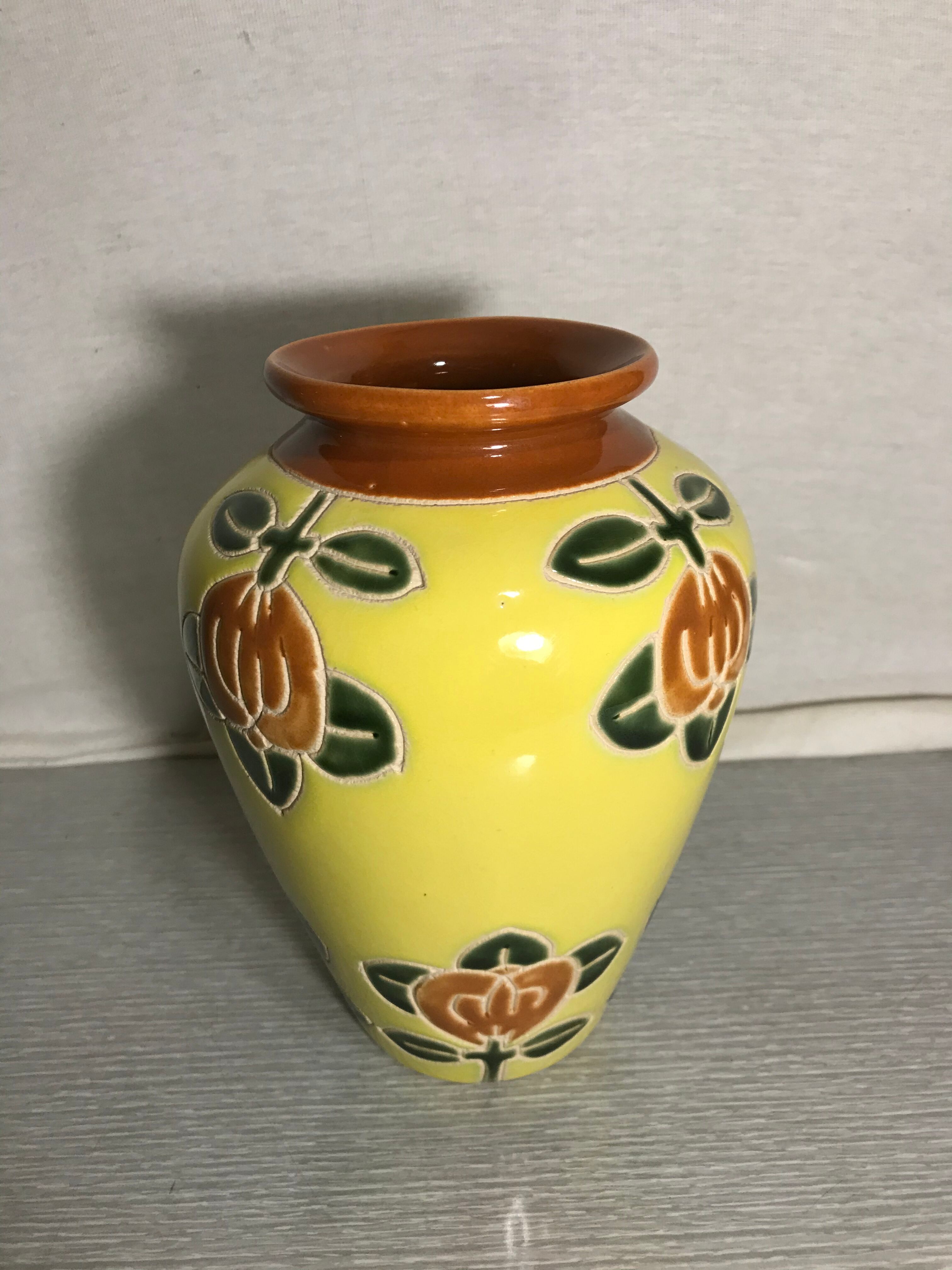 Ancient Ceramic Vase Enamelled Drawing Flowers Years 50 Vintage