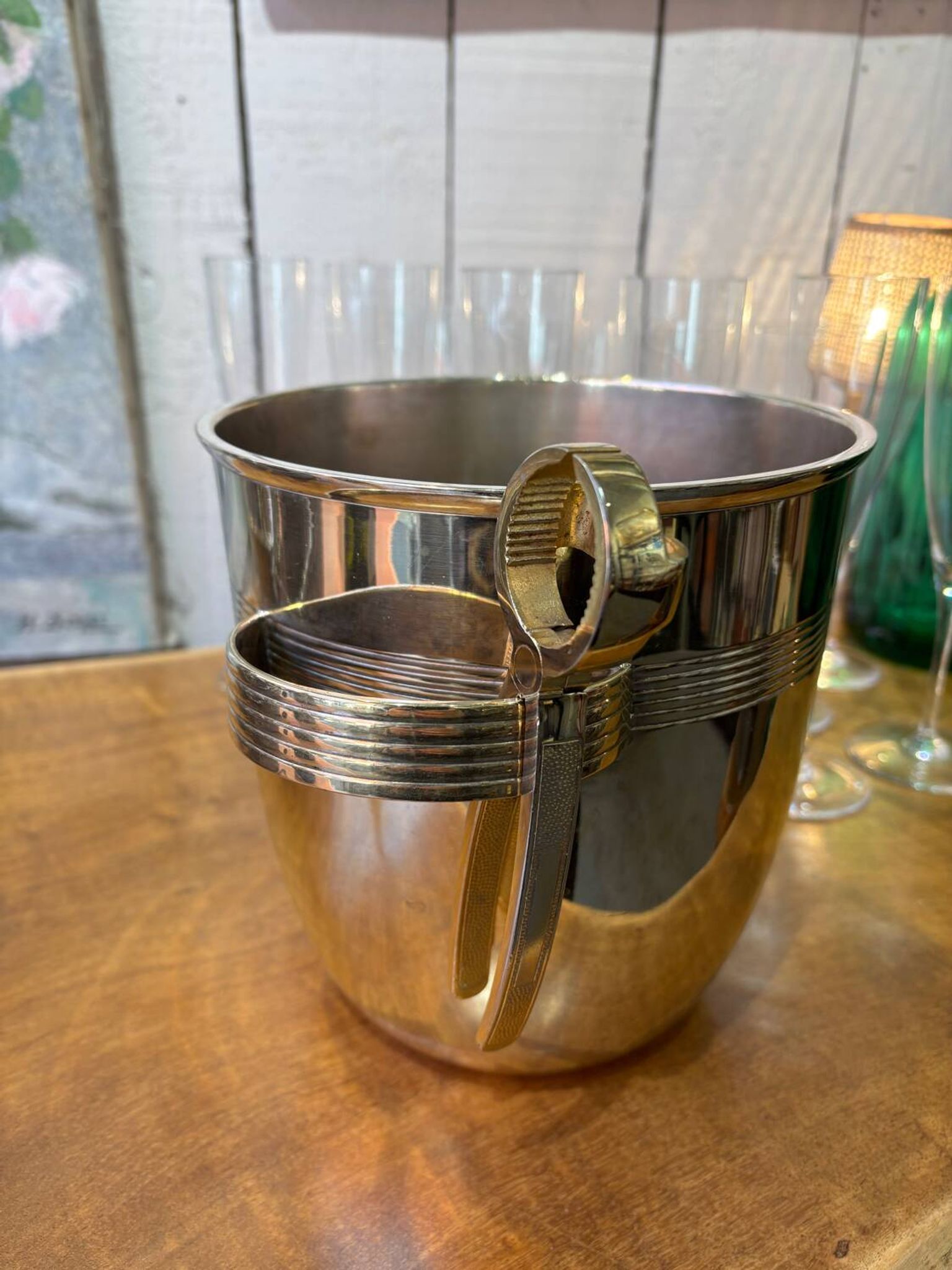 Alpaca champagne bucket from the 1920s with its monopole tongs.