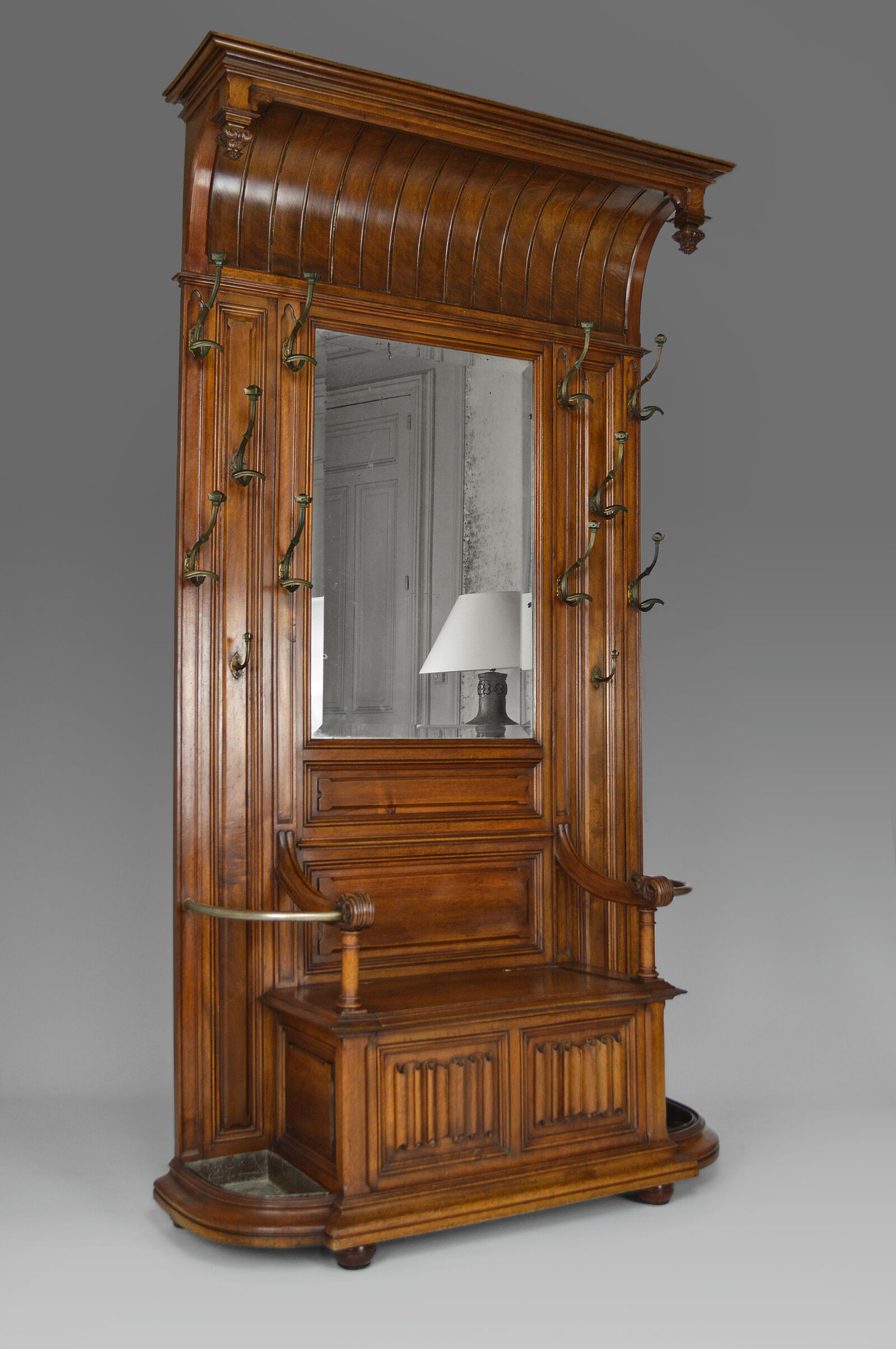 Large Neo-Gothic walnut entrance cloakroom carved by A. Hugnet