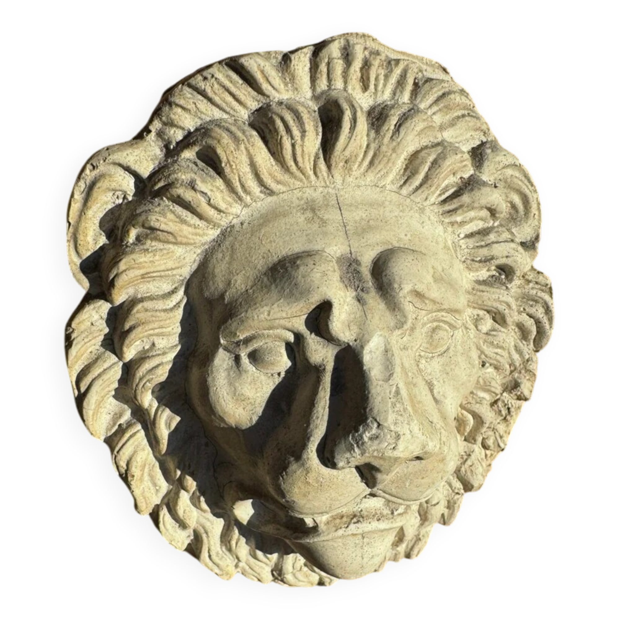 Off-white plaster lion head relief on natural wood panel — Walter De Buck, classical decorative sculpture