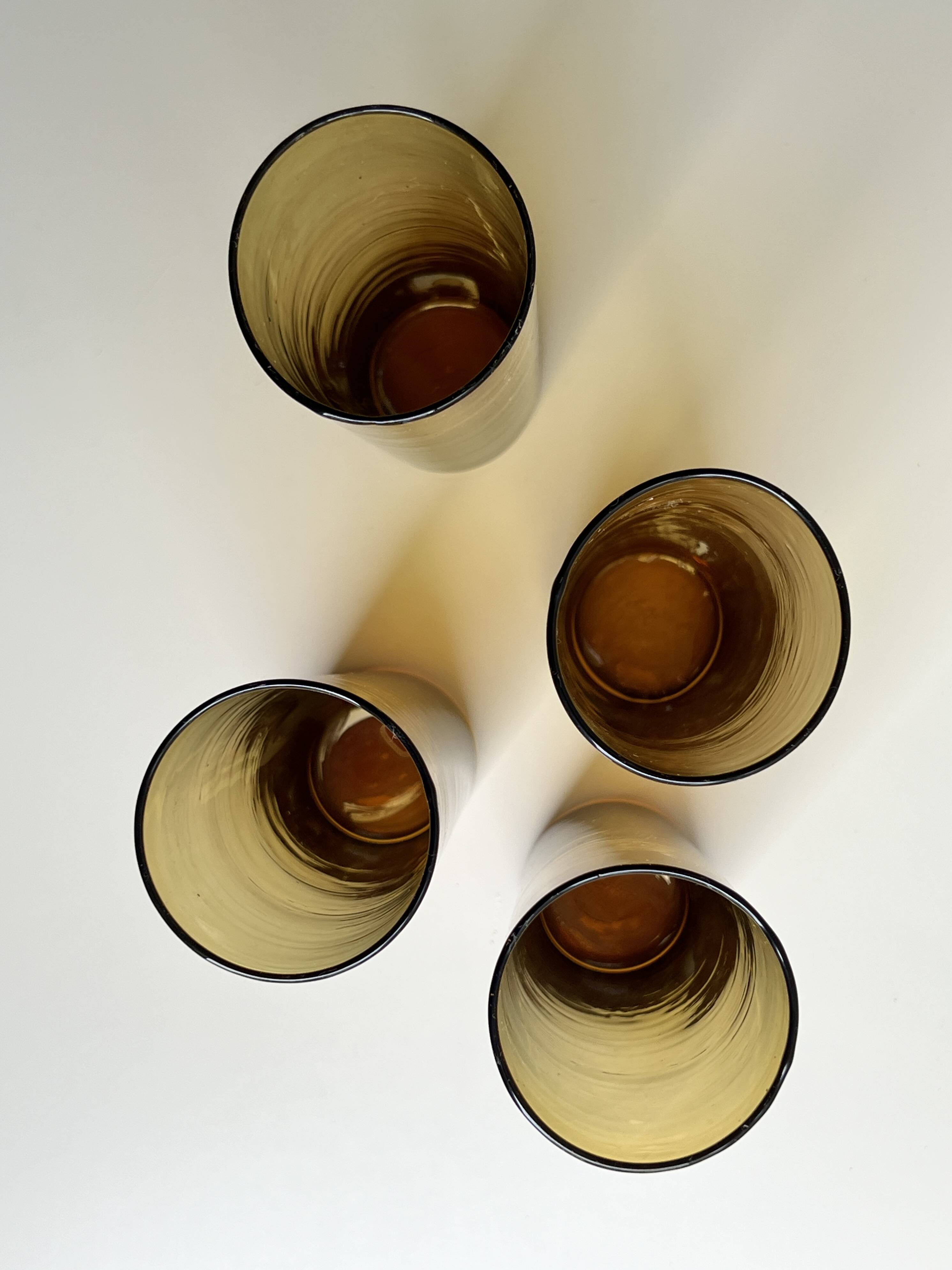 Set of 4 smoky amber brown water/orangeade glasses, France 1970.