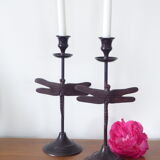 Pair of metal candlesticks, dragonfly