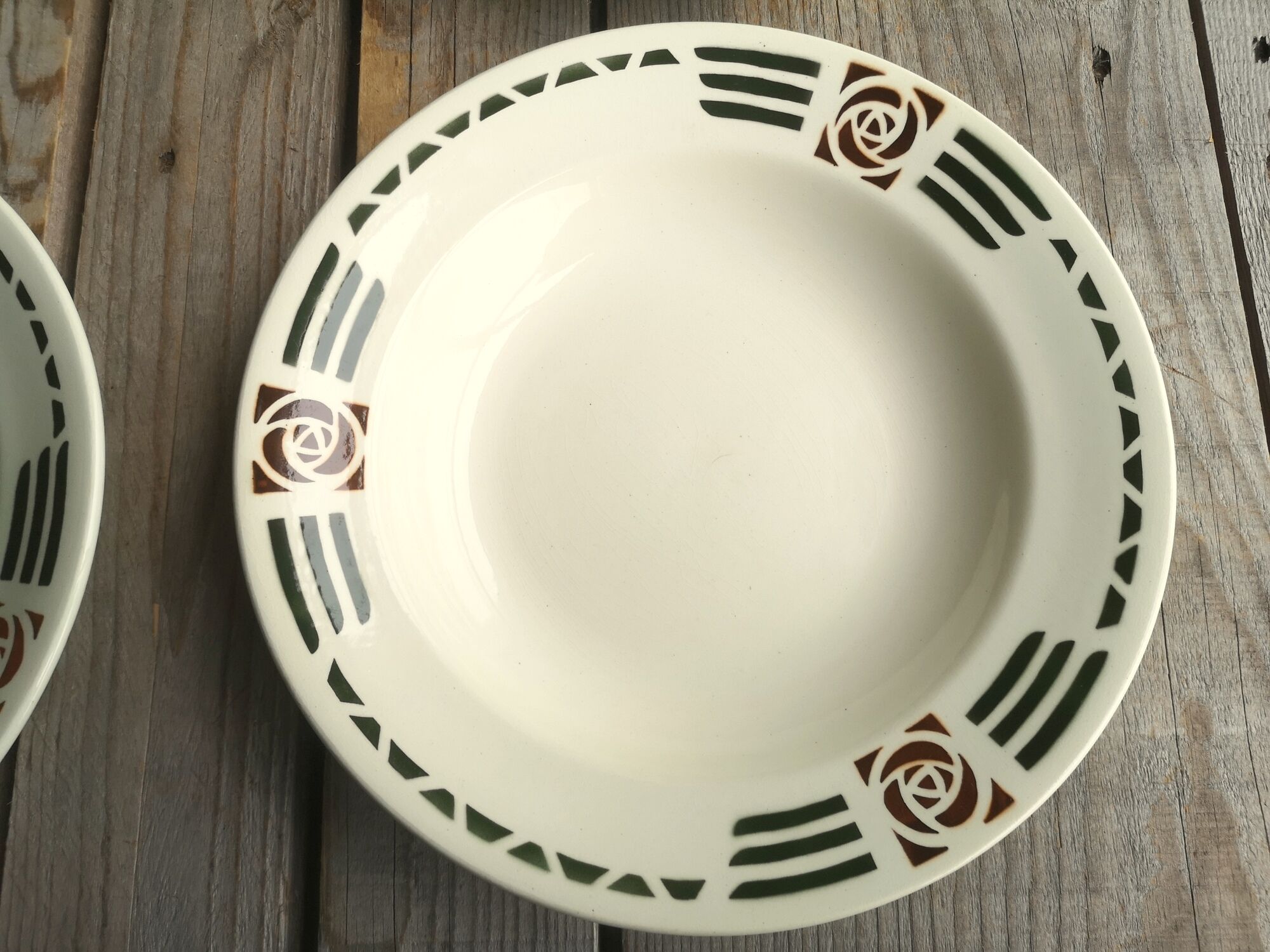 4 Soup Plates Faience from Salins Decor Green and Orange