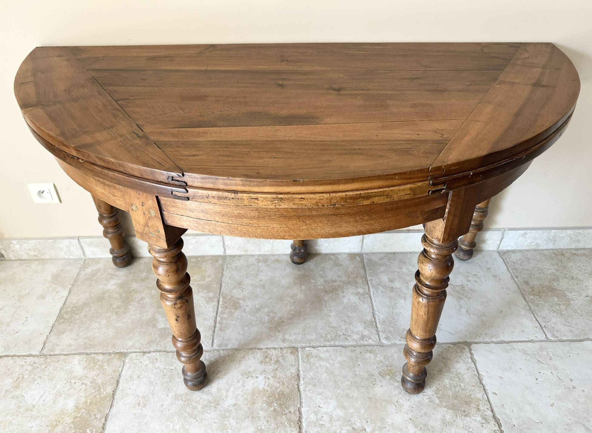 Louis-Philippe XIXth century demi-lune console table in solid walnut – seats 6 people.