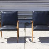 Pair of Scandinavian armchairs in solid beech & skaï, 1950s