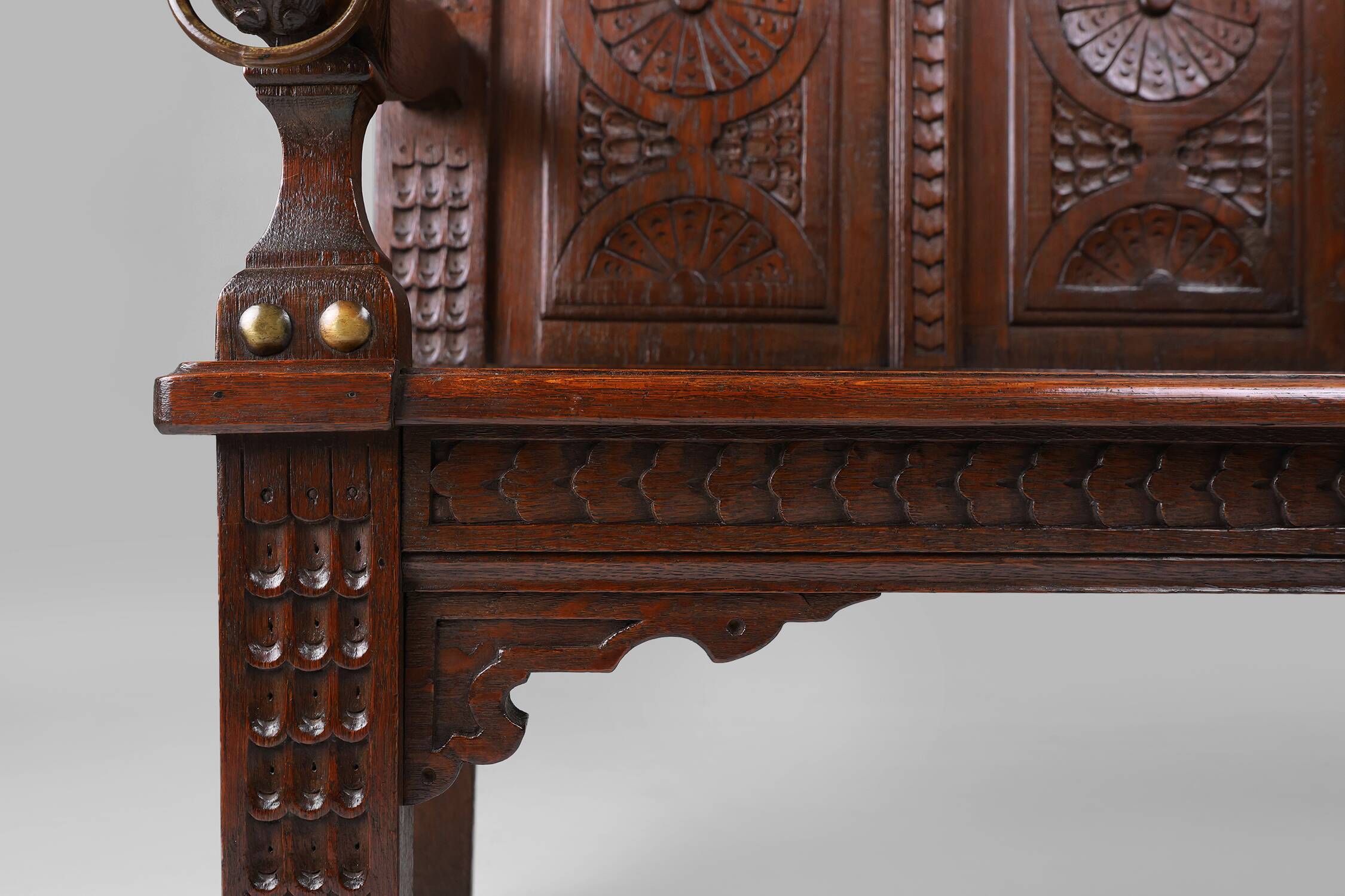 Antique French 18th Century Gothic Style Oak Carved High Back Panel Settle