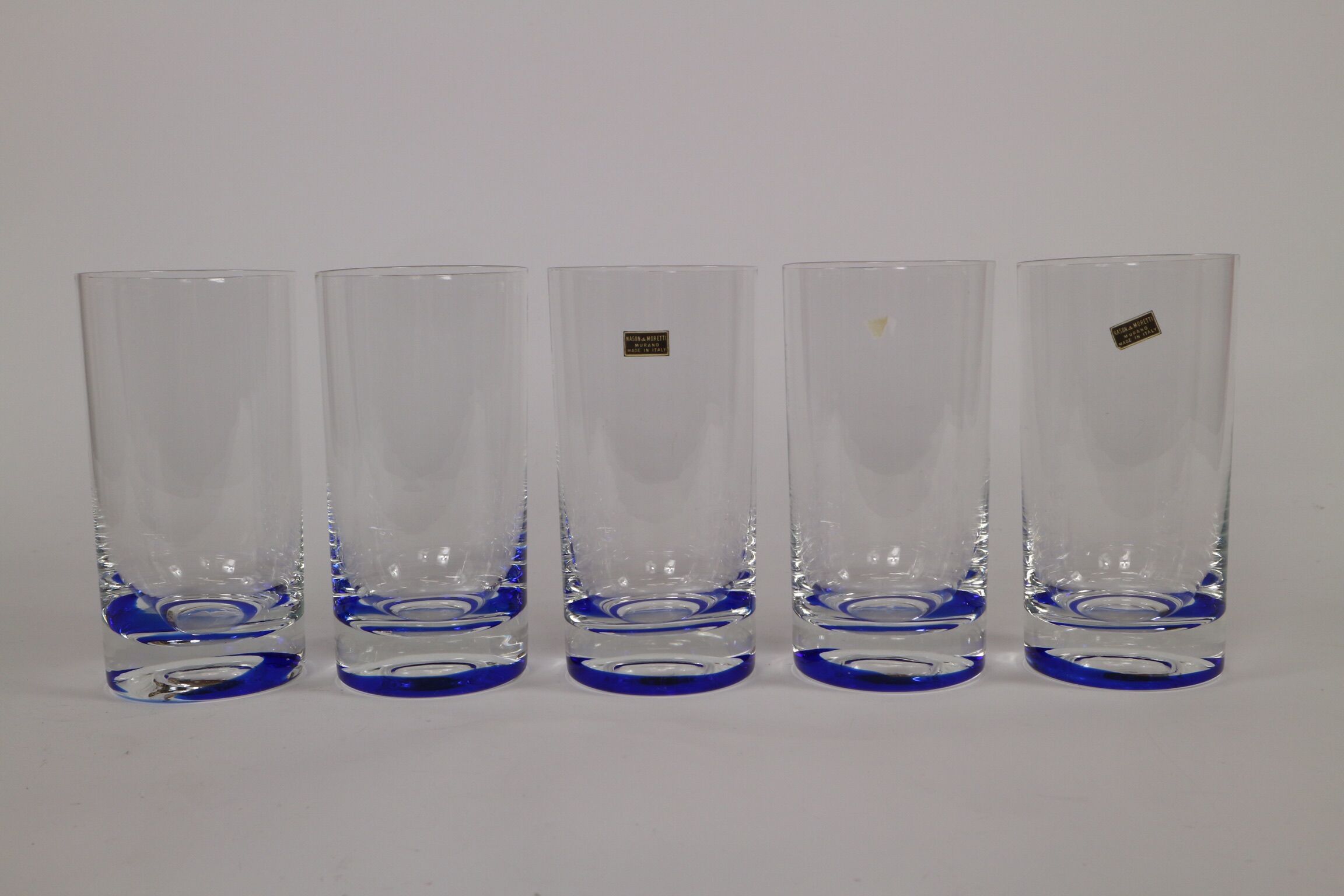 5 glasses with vintage blue decoration in glass by Murano by Nason and Moretti