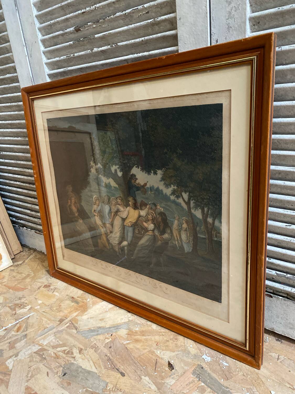 Ancienne gravure a. chaponnier la danse de village paris + cadre bois #b543