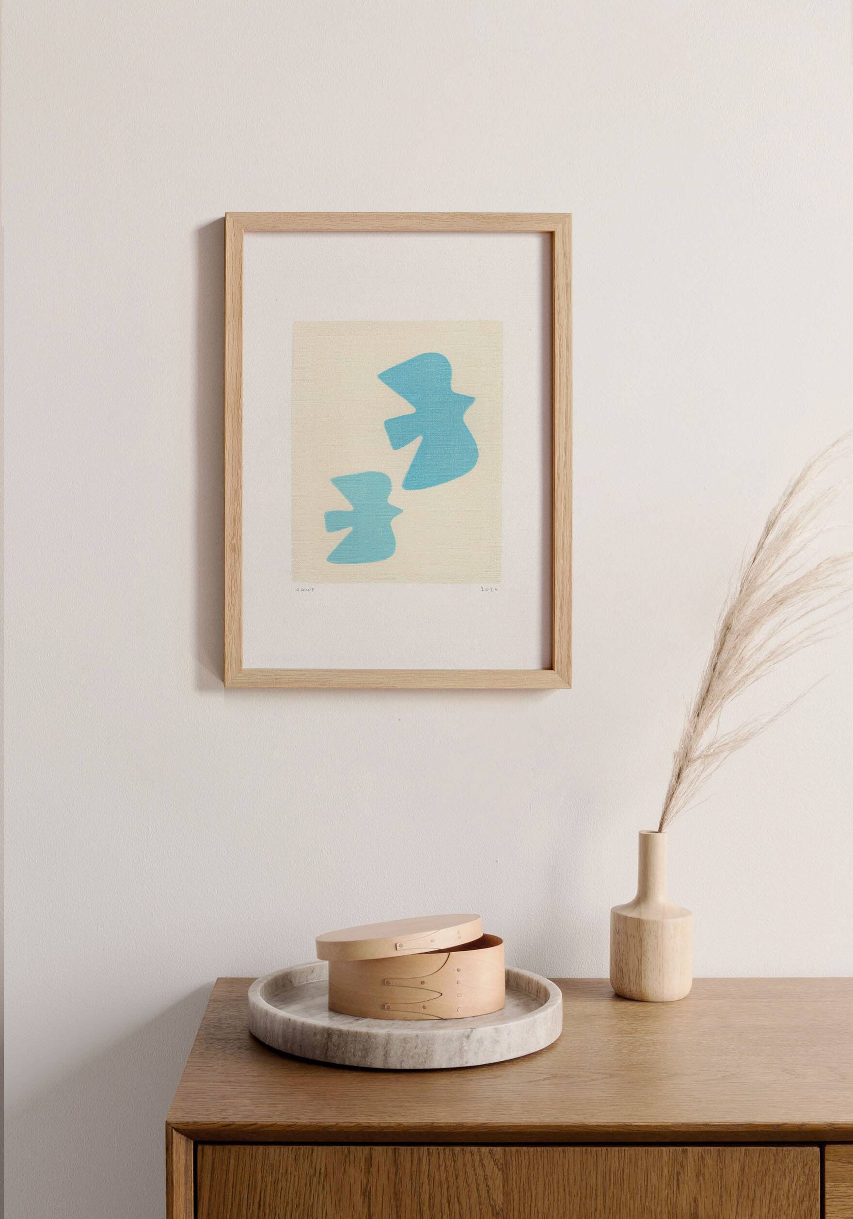 Painting on paper - birds - light blue - signed eawy
