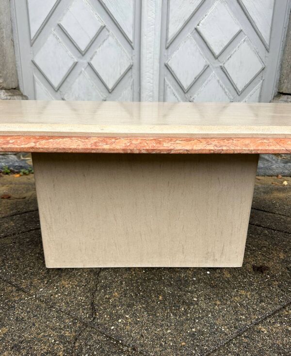 Table basse ancienne vintage en travertin et marbre rose