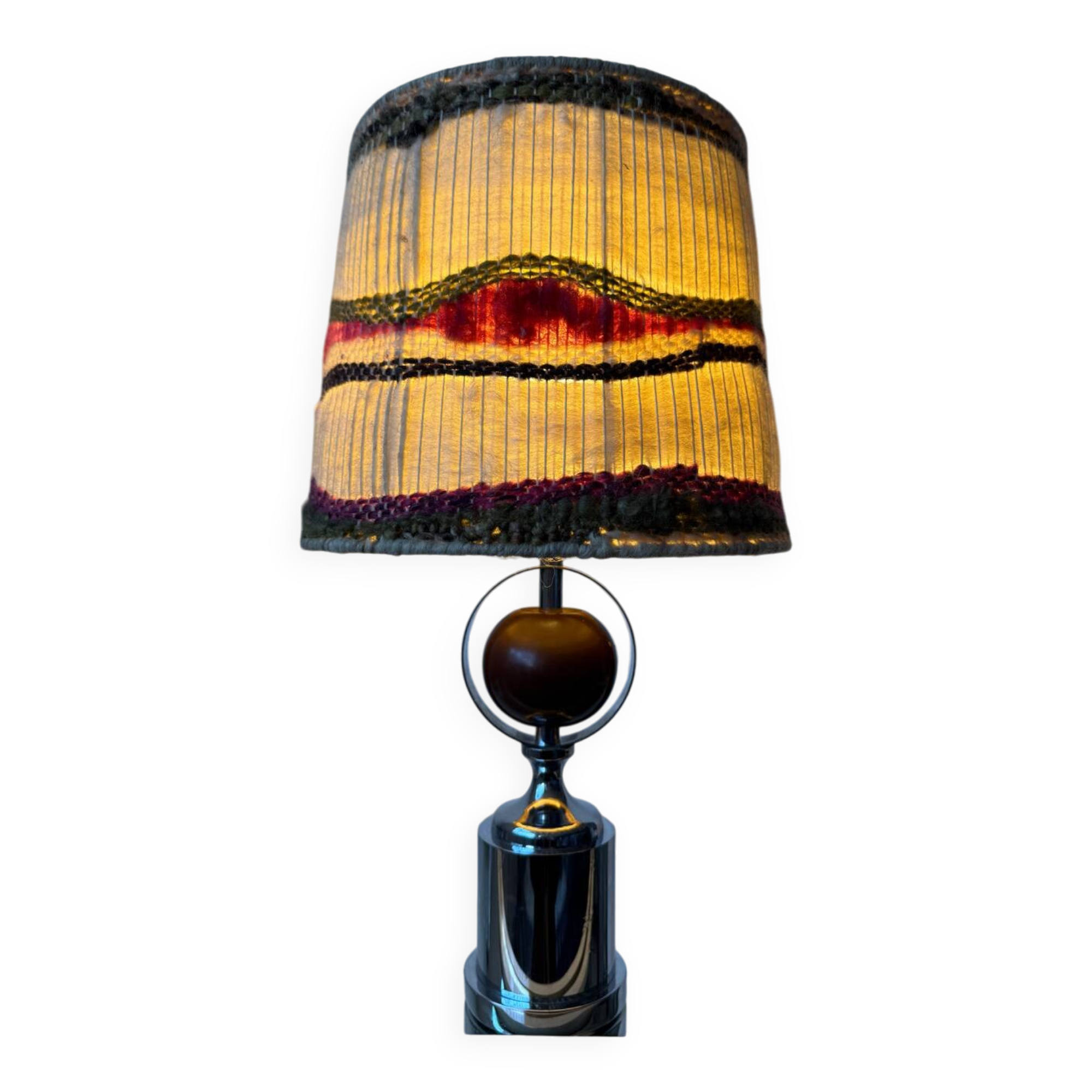 Lampe chrome bois laine années 70