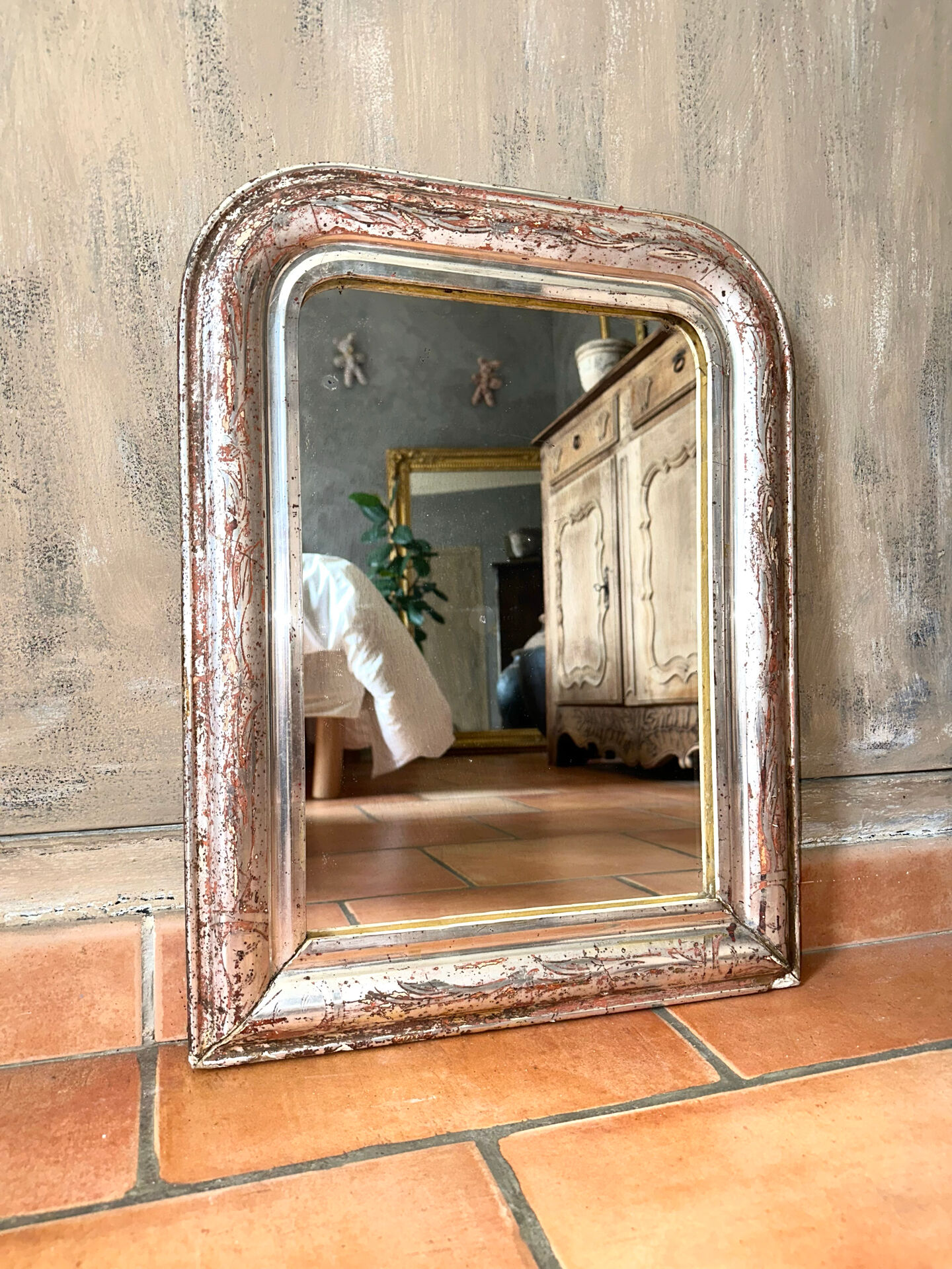 Miroir Louis-Philippe ancien feuille d’argent, XIXème