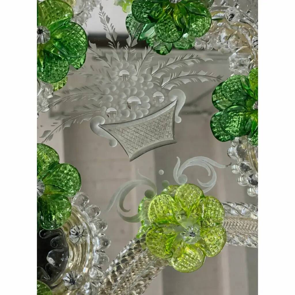 Venetian Oval Green Floral Hand-Carved Mirror – Italian 2000s Murano Glass