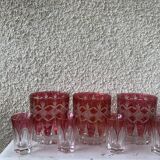 7 aperitif glasses in red and transparent glass chiseled vintage