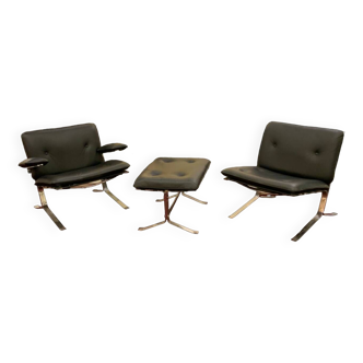 Set of 3 joker model seats by olivier mourgue in chrome and leather, 1970s