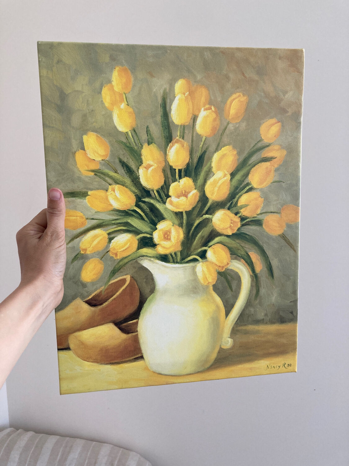 Bouquet of flowers including tulip and yellow pitcher