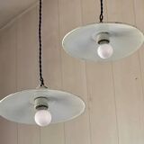 Pair of black and white sheet metal pendant lights, ceramic sockets