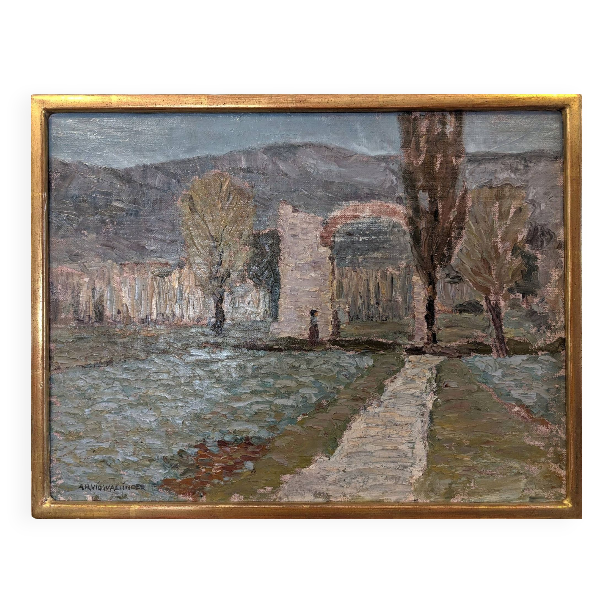 Mid-Century Modern Swedish "Italian Valley" Vintage 1967 Oil Painting, Framed